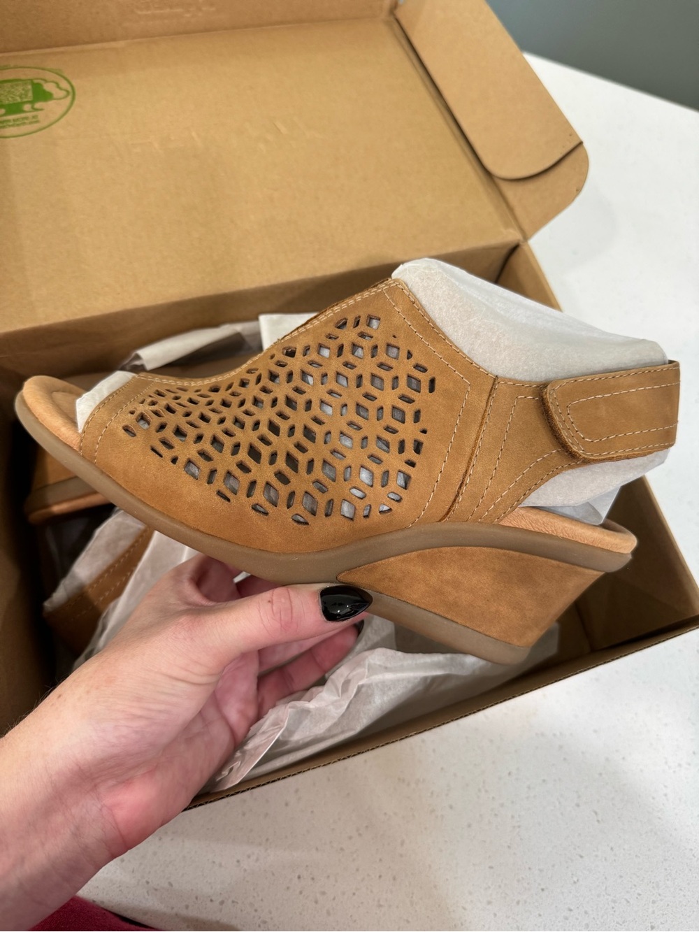Earth Tan Laser-Cut Peep-Toe Wedge Sandal